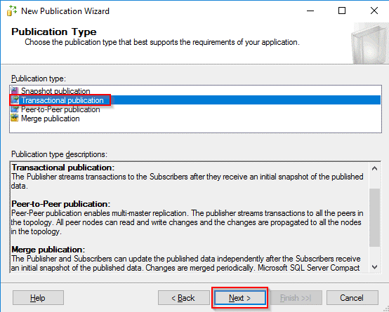 SQL Server Replication: Publication Type